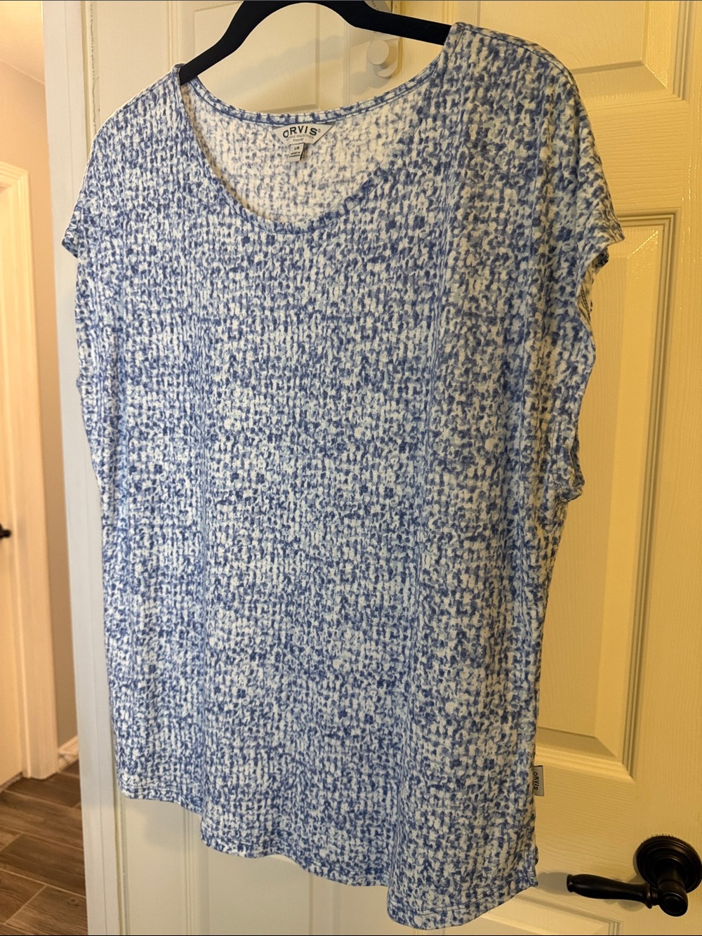 Orvis Women's Blue and White Speckle Cotton Short Sleeve Tee